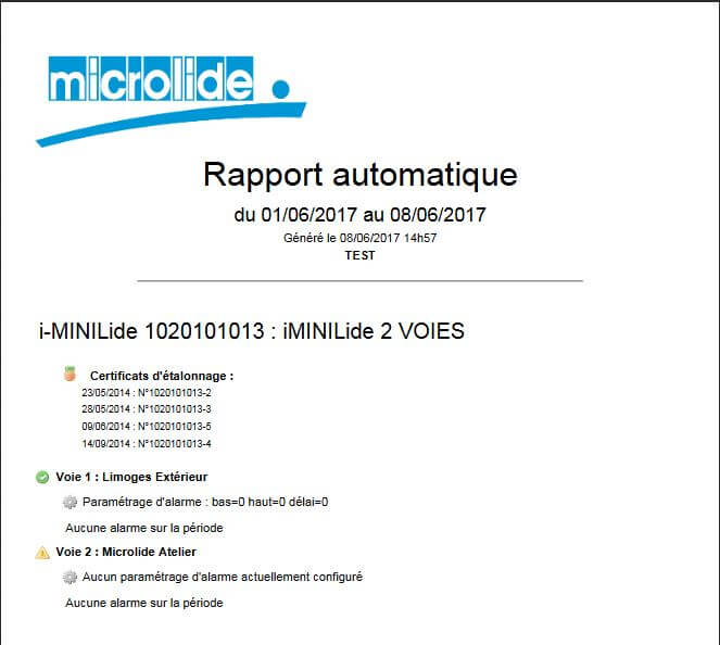 Capture d'écran d'un rapport automatique généré par un enregistreur i-minilide