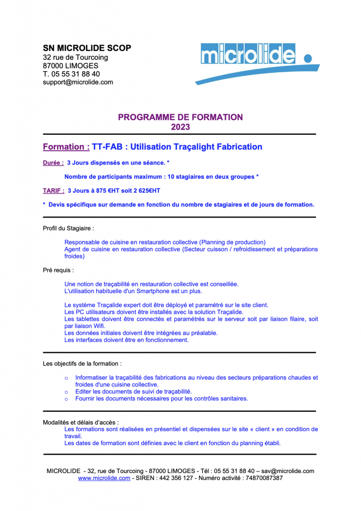 Prévisualisation du programme de formation - utilisation Traçalight Fabrication