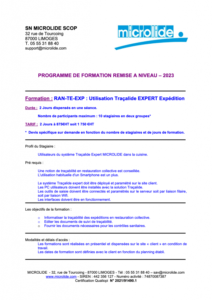 Prévisualisation du programme de formation remise à niveau - utilisation Traçalide Expert Expédition
