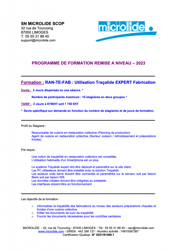 Prévisualisation du programme de formation remise à niveau - utilisation Traçalide Expert Fabrication