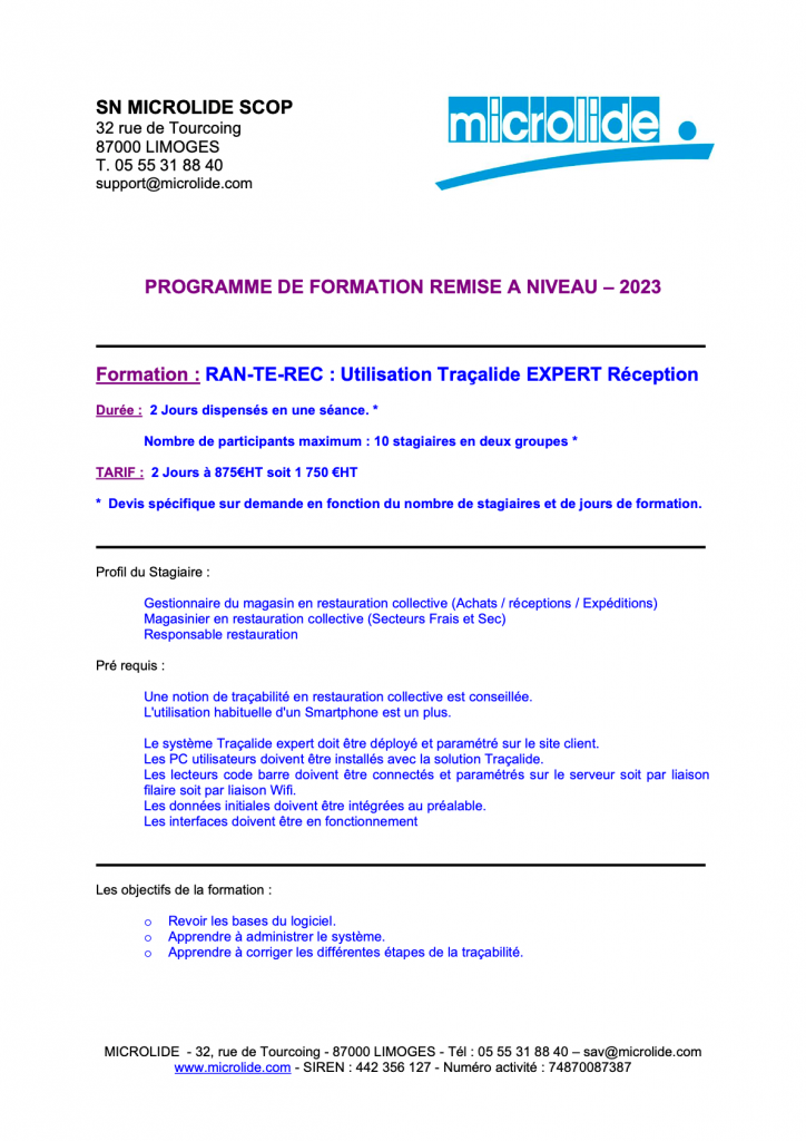 Prévisualisation du programme de formation remise à niveau - utilisation Traçalide Expert Réception