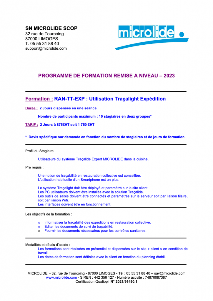 Prévisualisation du programme de formation remise à niveau - utilisation Traçalight Expédition