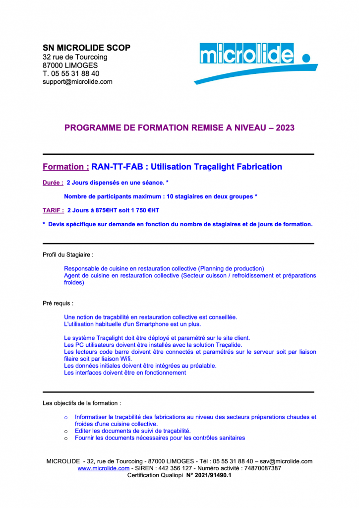 Prévisualisation du programme de formation remise à niveau - utilisation Traçalight Fabrication