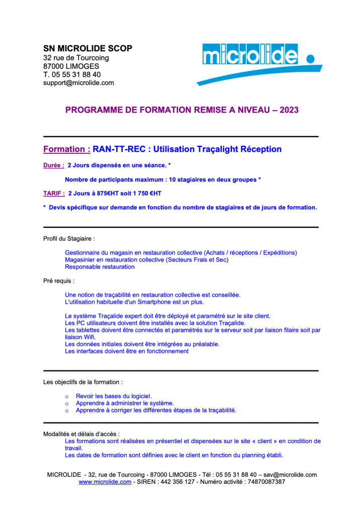 Prévisualisation du programme de formation remise à niveau - utilisation Traçalight Réception