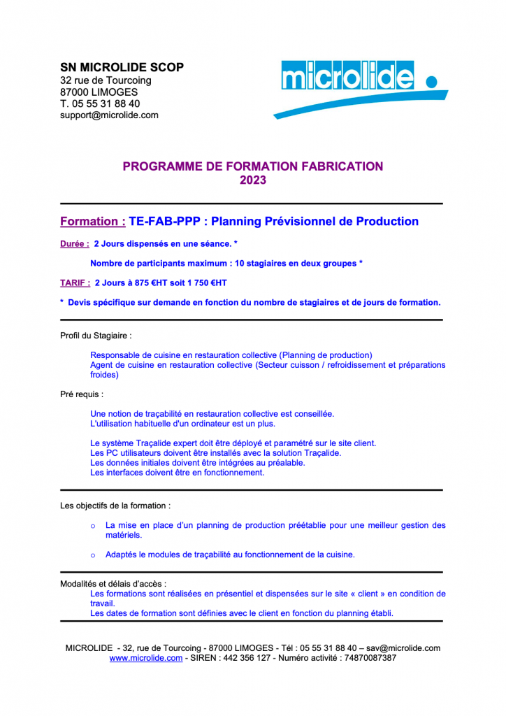 Prévisualisation du programme de formation fabrication 2023 - planning prévisionnel de production