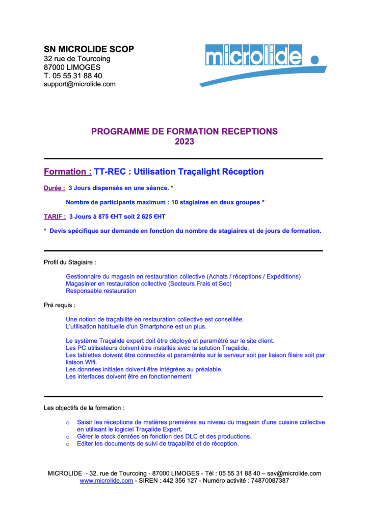 Prévisualisation du programme de formation Réception - utilisation Traçalight Réception