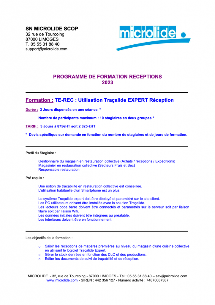 Prévisualisation du programme de formation Réceptions - Utilisation Traçalide Expert Réception